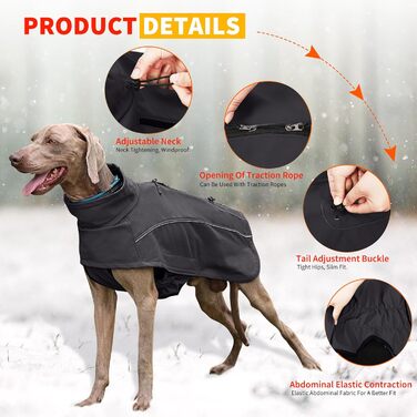 Водонепроникний теплий зимовий одяг для собак PETCUTE - куртка з отвором для шлейки, чорний, XXL