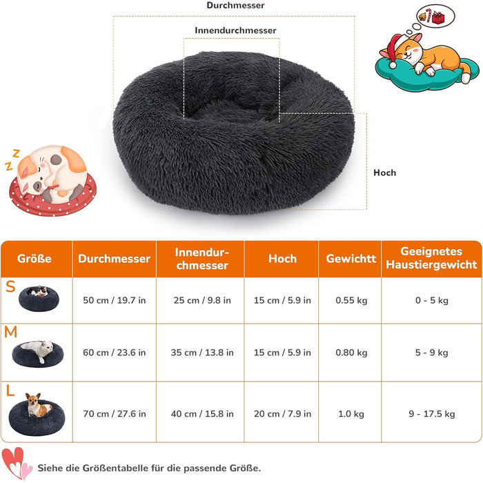 ALLSOPETS Заспокійливе ліжко для собак маленьких та середніх порід, миється, кругла плюшева лежанка для котів та собак з неслизьким дном (Темно-сірий, 60см)