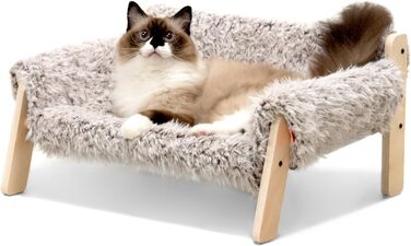 MEWOOFUN Дерев'яне підняте котяче ліжко-софа 56x45 см, міцне велике котяче ліжко з модним дизайном, знімний матрац, витримує до 10 кг (коричневе)