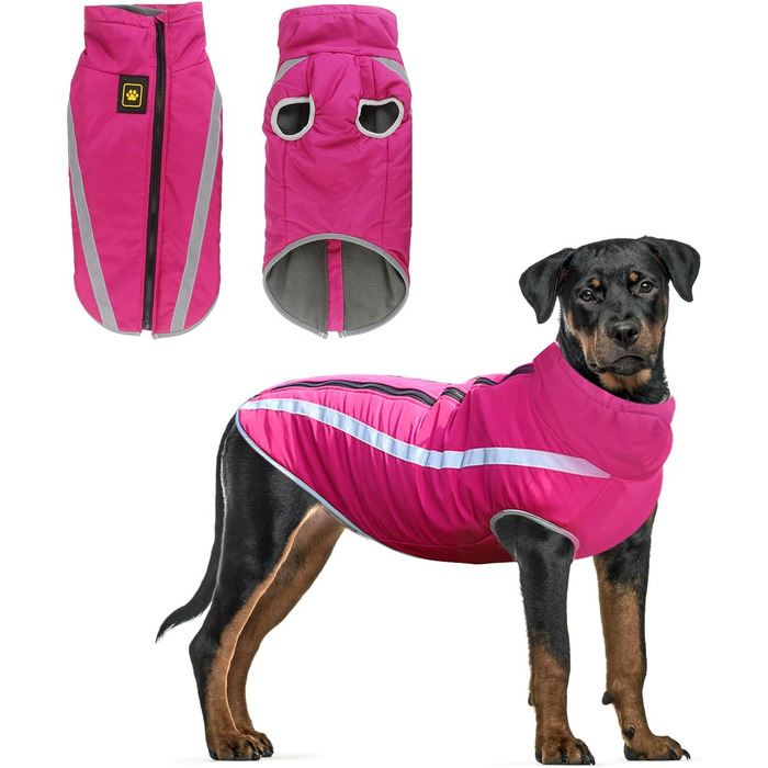 Зимова куртка для собак, тепла водонепроникна куртка для середніх та великих собак, флісова підкладка, світловідбиваючі елементи, для Лабрадора, Бульдога, Самоеда (4XL/53см, Рожева)