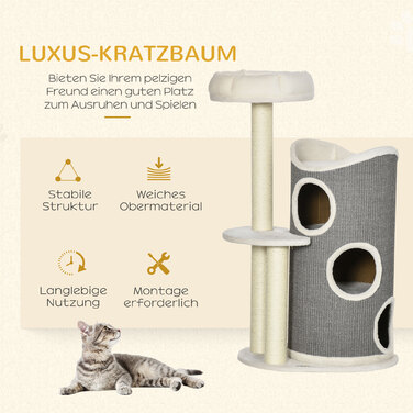 PawHut Cat Tree 109 см Cat Tree з кігтеточкою та лежаком для кішки, колони з сизалю, сучасний у білому сірому кольорі для любителів кішок