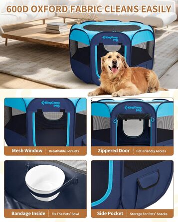 КінгКемп Переносний вольєр для собак, вольєр для цуценят, складаний вольєр для домашніх тварин, намет для собак з сумкою, для використання в приміщенні та на вулиці, знімний блискавкою низ, розмір S (вольєр для тварин з 8 панелей, блакитний)