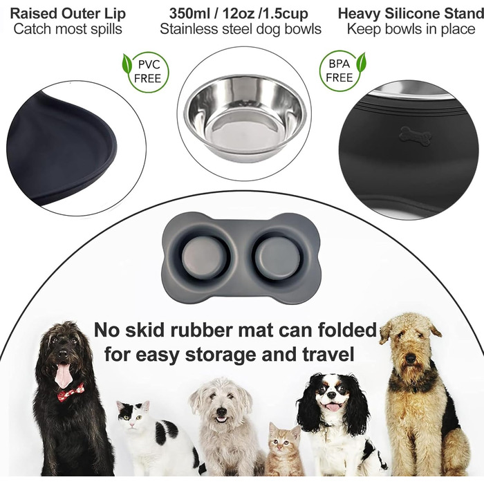 Набори мисок для собак CEASELESLY з нержавіючої сталі (2 x 400 мл) з підставкою з силікону, чорного кольору. Підходять для собак середніх та малих порід, кошенят та цуценят.