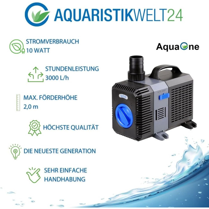 AquaOne CTP-2800 акваріумна та ставкова помпа 10 Вт, економічний двигун, 3000 л/год, енергоощадна насосна станція для акваріума та ставка