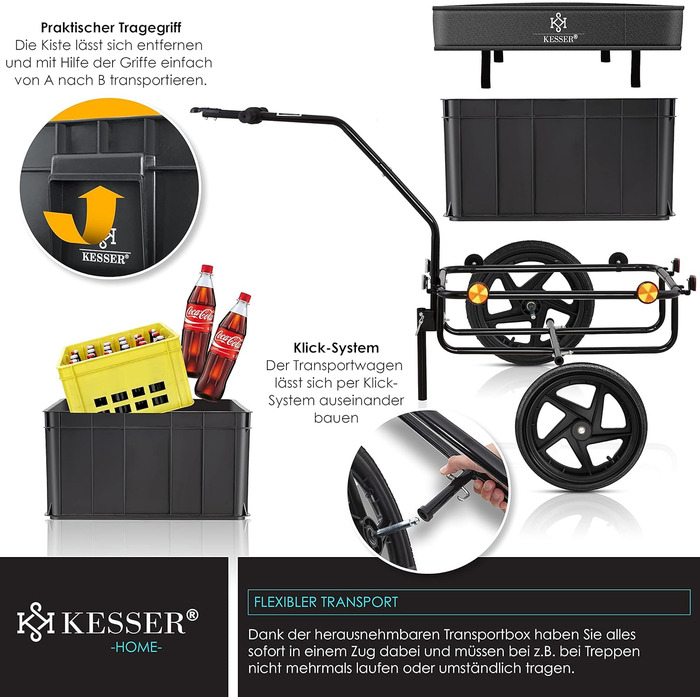 Причіп для велосипеда KESSER®: вантажний, ручний, з кутом висоти, об'єм 70 літрів (2 ящики для пива), чорний