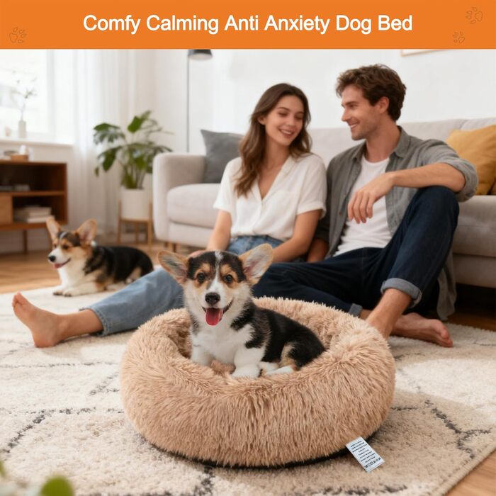 Кругле ліжко для собак та котів Donut, 50 см, бежеве/коричневе. М'яке, ортопедичне, з антиковзною основою, для заспокоєння та комфортного сну.