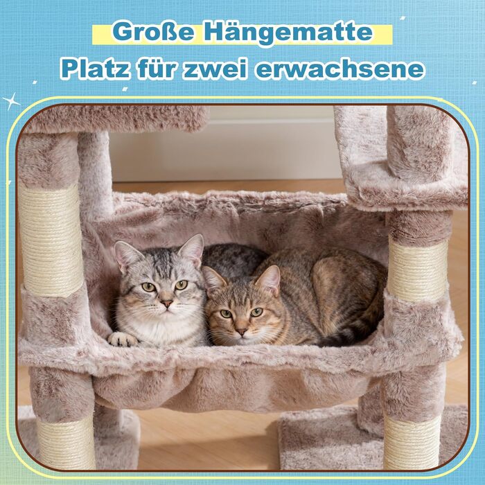 Котячий будиночок Hey-brother Kratzbaum з великими платформами для великих котів, 127 см, з драбиною, 2 печери, гамак, сизаль, кошик, MPJ071W (пісочний)