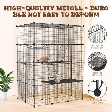 Металевий вольєр для котів UISEBRT для вулиці та дому, 3-ярусний, з піддоном, 2 сходами та 3 дверцятами, DIY вольєр для тренувань, відпочинку або як зовнішній вольєр (4 рівні)