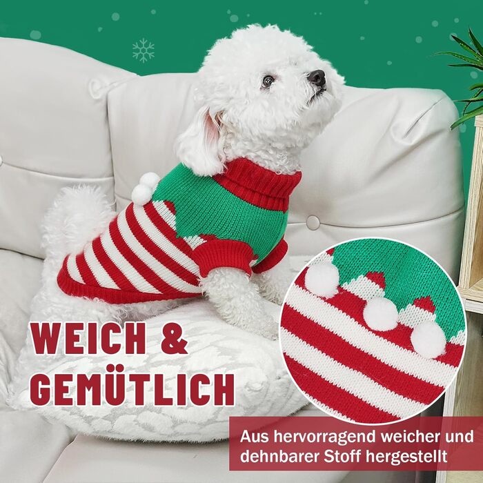 Пуловер для собак на зиму – теплий, м'який, еластичний, для дрібних та великих порід, для такс, французьких бульдогів, XS-XXL, для повсякденного використання та на Новий рік (зелений, смугастий)