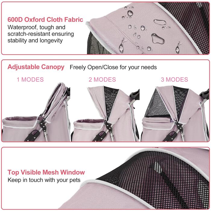 Візок для собак до 15 кг, складний, з кошиком для зберігання, сіткою, захистом від дощу, рожевий