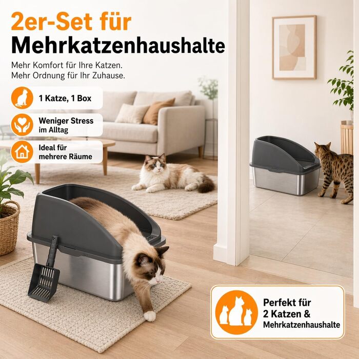 Набір з 2 шт. XXL лотків для котів із нержавіючої сталі 60×40×30 см (37 л) — відкритий туалет для великих котів та багатокотячих домівок, стійкий до запахів та протікань, з совком, темно-сірий