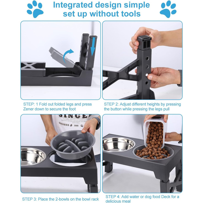 Підвищена годівниця для собак Тоарен, 2 миски з нержавіючої сталі, регульована висота, для великих, середніх та маленьких собак