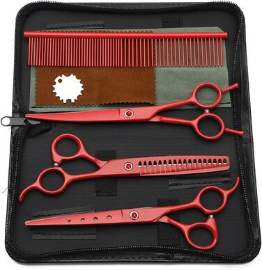 Набір для стрижки собак 4 в 1: прямі, зубчасті та вигнуті ножиці, гребінець. Підходить для собак, котів та інших тварин (червоний)