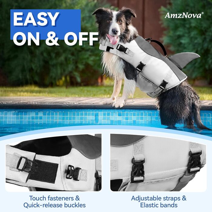AMZNOVA Жилет для плавання собак 'Shark', з плавниками та хвостом акули, рятувальний жилет для собак, для катання на човні, допомога у плаванні, L, Сірий (66-81 см)