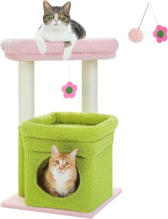 Котячий комплекс PEQULTI Квітка для дому, рожевий – будиночок, дряпка з натурального сизалю, іграшки для маленьких котів