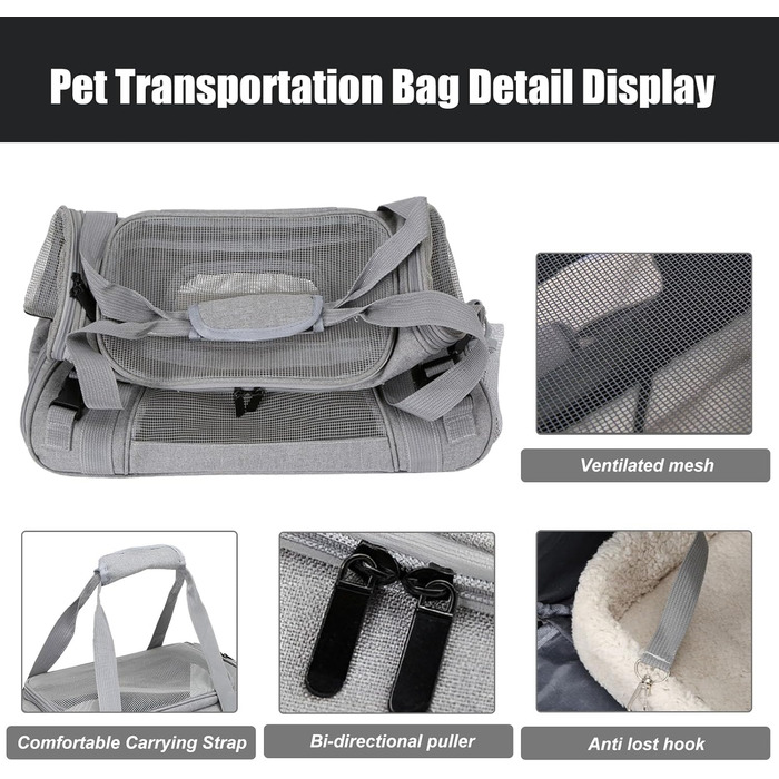 Транспортна сумка для тварин ZSMJAER з підстилкою з флісу, для котів та малих собак до 10 кг, сірого кольору
