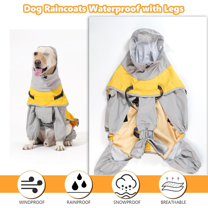 Водонепроникний дощовик для собак Lianzimau з прозорою капузоном. Відбиваючий дощовик для собак з ніжками для маленьких, середніх та великих собак. Жовтий, XXL