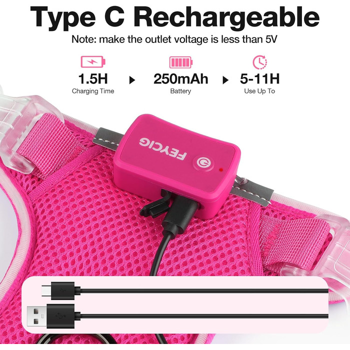 Світловідбиваючий нашийник для собак великих порід Feycig з LED підсвічуванням, акумуляторний, регульований, 3 режими світла, висока видимість (Рожевий, Medium)