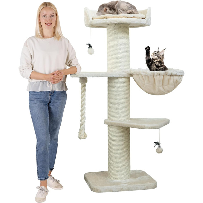 HAPPYPET Premium Котячий дряпак для великих котів Cooper 150 см, кремовий, для Мейн-кун, товсті стовпи 20 см, натуральний сизаль