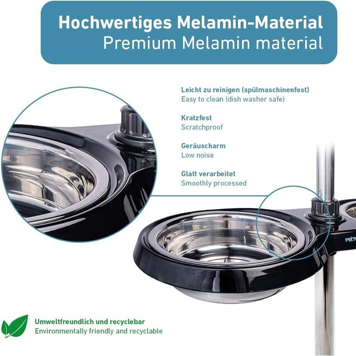 Підставка для мисок PetTec, для великих собак, 2×2,5 л, чорна, регульована по висоті, підвищена миска для корму і води