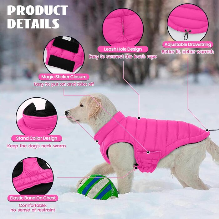 Водонепроникна куртка для собак Lelepet, тепла зимова куртка для маленьких собак, двостороння вітрозахисна куртка з застібкою-липучкою, рожева, розмір S