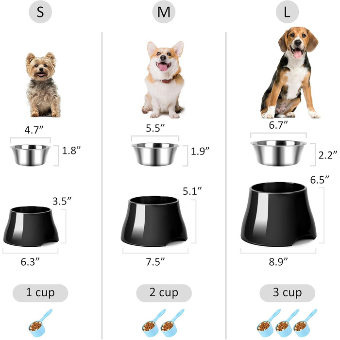 Миска для собак Petvillage, конусоподібна, неслизька, з нержавіючою сталлю, піднята, для середніх собак, спанієлів з довгими вухами, велика місткість, розмір L, 3 чашки, чорний колір