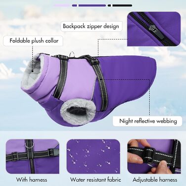 Водонепроникна та вітронепроникна куртка для собак великих порід з інтегрованим шлейкою та флісовою підкладкою, фіолетовий, XX-Large