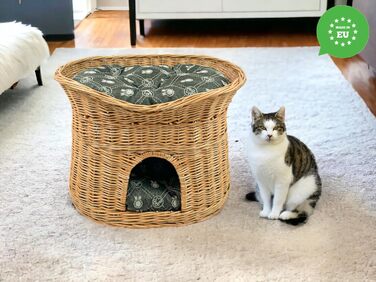 Кошик для котів XL 70 см овальний з лози, двоповерхове ліжко для котів і собак з м'якими темно-сірими подушками, натуральний колір, котяча хата для дому