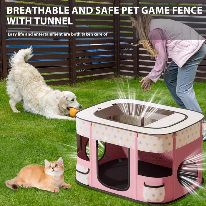 Клітка-забіг для цуценят, переносна огорожа для тварин, рожева клітка-забіг з тунелем (M)