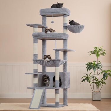 Кігтеточка Heybly для котів, 202 см з 2 великими лежаками, когтешкребком, великою печерою, кошиком, сизалевим стовпом та гамаком. Підходить для дорослих котів, світло-сіра HCT038W