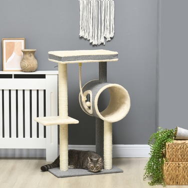 PawHut Cat Tree 104 см Cat Tree з котячою печерою, Кігтеточка для кішок з ігровим м'ячем, Cat Tree з 2 лежачими поверхнями, Лазіння по дереву для кішок до 5 кг, Меблі для кішок, Сизаль, Сірий | Аосом
