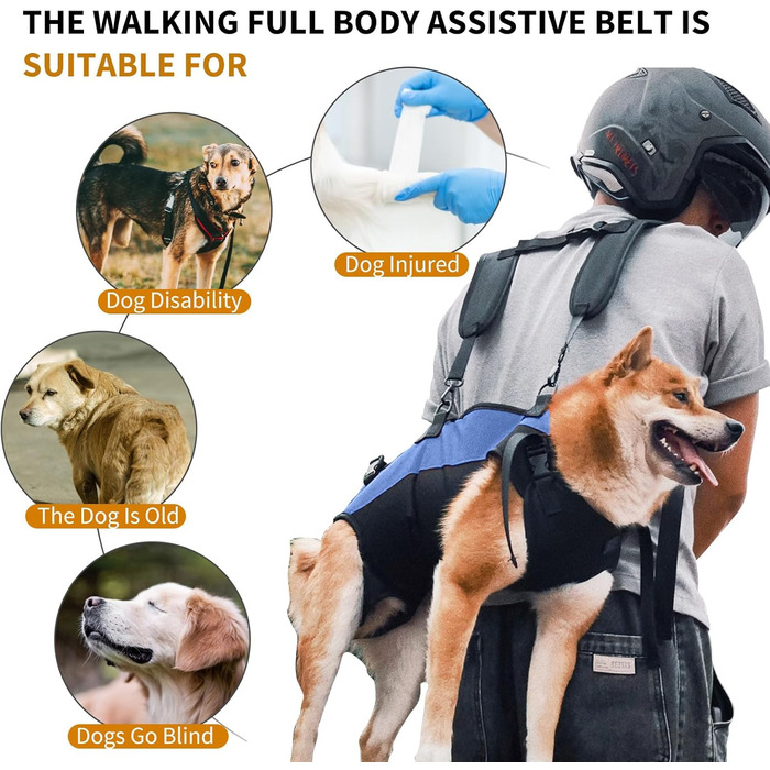 PETCUTE Рюкзак-переноска для собак, жилет-рюкзак для великих собак, повний жилет з ручкою, регульований рюкзак для собак похилого віку, з травмами суглобів, артритом, підходить для 7.5-15 кг (S, чорний+синій)