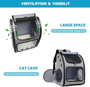 PETCUTE Рюкзак для собак і котів, дихаючий, знімний килимок, складаний, регульований, сірий