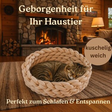 Котяче ліжко Ø40 см, 14 см висота | Плетене котяче гніздо з бавовни | М'яке, зручне котяче ліжечко для маленьких та середніх котів, миється (Крем-Абрикос)
