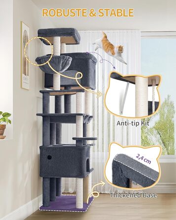 Декілька рівнева кігтеточка для котів Hzuaneri MS20018LG, 200 см, XXL, 10 стовпчиків, 2 печери, 2 гамаки, велика платформа, щітка для котів, кошик, для мейн-кунів та великих котів