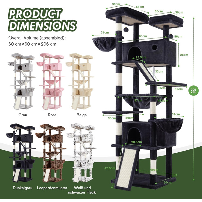 Котячий будиночок MUTICOR з когтеточкою, 206 см, багатоярусний, для великих котів, з гамаком, плюшеві платформи, широка база (темно-сірий)