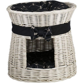 Кругла котяча хатинка e-wicker24 з плетеної лози, двоярусна, з подушкою та стрічкою, котячий будиночок (кремовий/чорний)