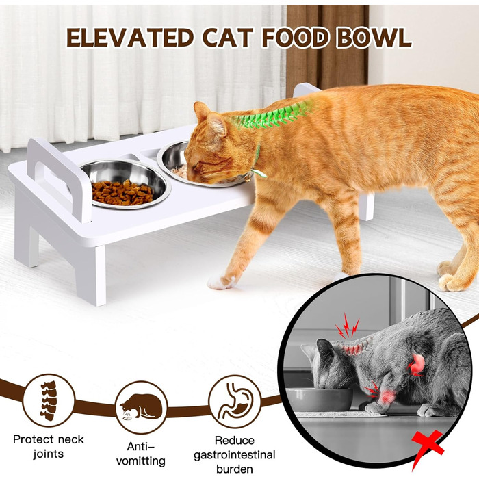 Підвищений миска для котячого корму, 3 миски з нержавіючої сталі, піднята годівниця для котів, миска для корму та води для котів з нахилом 15°, анти-блювотний набір, для котів, що живуть у приміщенні (білий/розкішний сад)