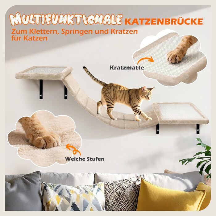 Кігтеточка-стіна для котів Eukue, комплект 10 елементів, великі настінні елементи з котячим будиночком, мостом та сизалевими стовпчиками, до 10 кг, бежевий колір