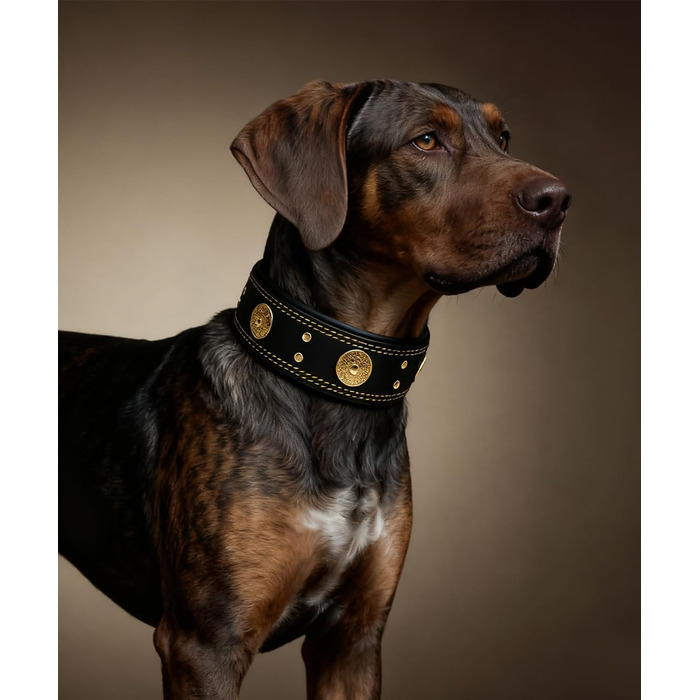 Шкіряний нашийник для собак, 5 см, ручної роботи, преміум-якість, для великих та середніх порід, золото-чорний, розмір M (46.5-57.5 см)
