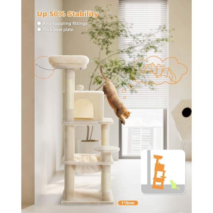 Комплекс для котів PAWZ Road з гамаком, будиночком та 6-ти ярусними полицями, 143 см