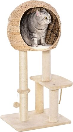Дряпак для котів PawHut, котячий будиночок, іграшка, сизаль, плюш, 100 см, бежевий