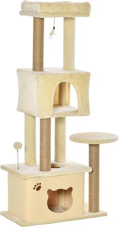 Велика дряпка для котів PawHut 60x34x136 см з платформами, знімними плюшевими будиночками, джутовими стовпчиками та підвісним м’ячиком, бежева