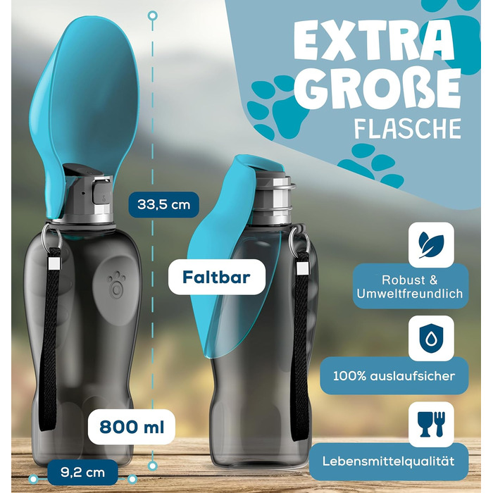 Набір для собак 2 шт: велика складана пляшка для води 800 мл та щітка для зубів | Пляшка для собак преміум-якість, блакитна, 800 мл