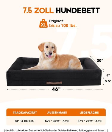 Ортопедичне ліжко для собак XL, корзина для собак, що стирається, з яєцеподібною піною, водонепроникний диван для собак з неслизьким дном та чотиристоронньою подушкою (Чорний, 117x76x19cm)