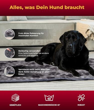 Лежак-декa для собак HS-Hundebett, L (75x115 см), двосторонній, м'який, 3 см наповнювач, для дивану, авто й переноски, сірий з лапкою, зроблено в Німеччині