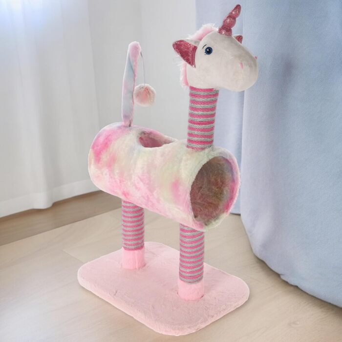 Драбинка для котів Mijoma з дизайном єдинорога, рожевий колір, 3 стовпчики з сизалю, іграшковий хвіст з помпоном, плюшева голова та тунель, 85x40x30 см – ідеально для гри та догляду