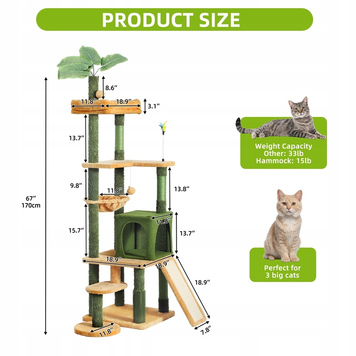 Висока когтеточка для великих кішок із зеленого сизалю