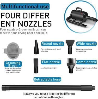 Фен для собак Blower - тихий, 4.5 PS / 3200W, регульована швидкість, 4 насадки, шланг, щітка (чорний)