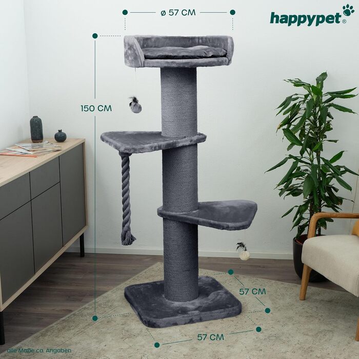 Котячий комплекс HAPPYPET Freddy 150 см для великих котів, міцний когтеточка для мейн-кунів, натуральний сизаль, стовпи 20 см, сірий, преміум-якість